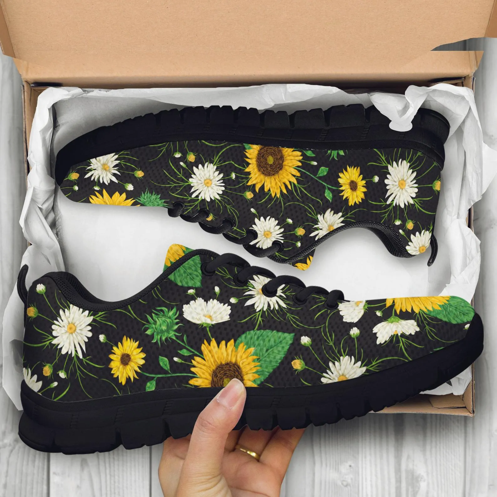 Black Sunflower Shoes Sunflower Printed Sneakers Sunflower Running Shoes Sunflower Lover Gifts Clothing for Womens Mens Kids Adults